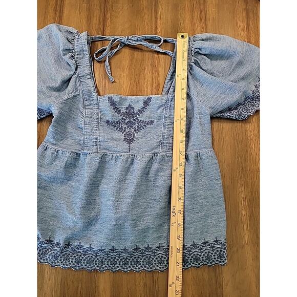 Boho Embroidered Chambray Denim Tunic Top Women’s S 100% Cotton Peasant Blouse - Picture 5 of 7